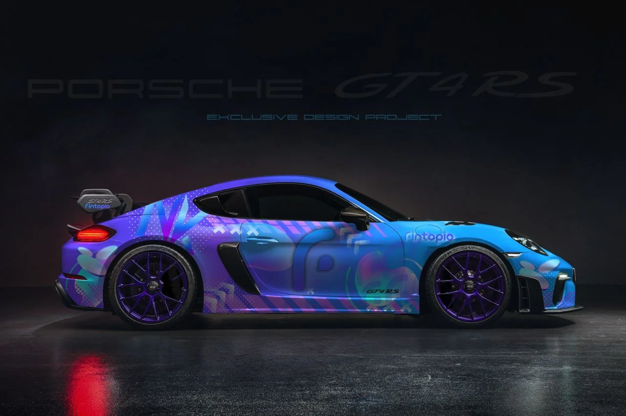Porsche GT4 RS with a blue and purple custom motorsport livery produced by JUST GRAPHICS
