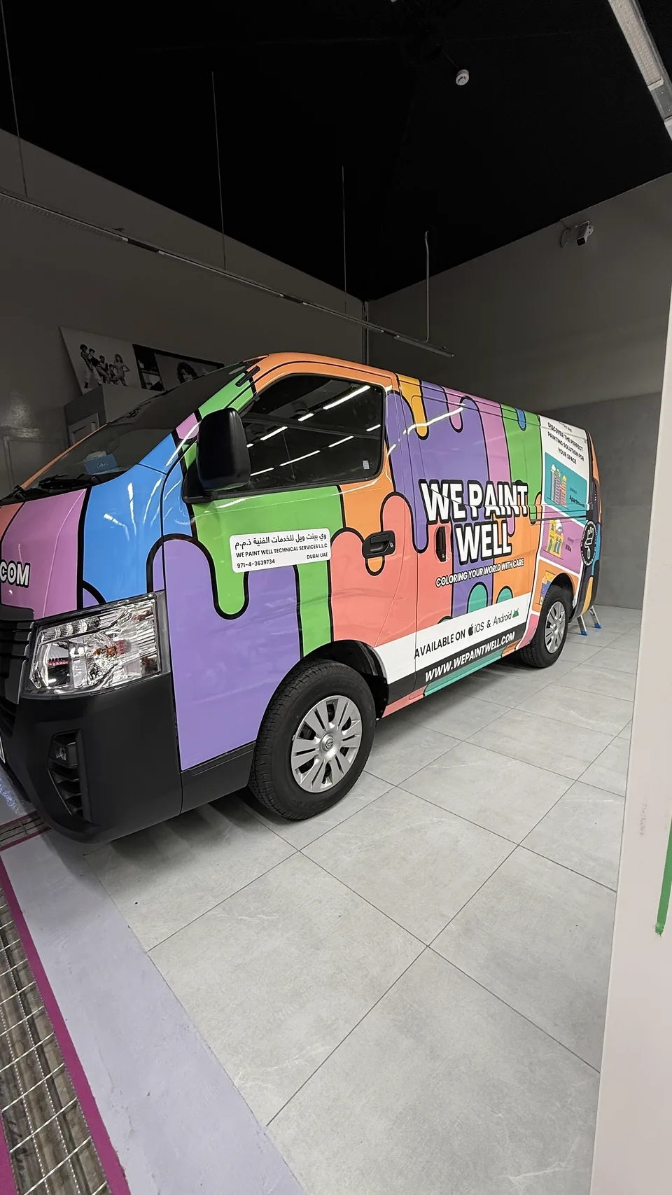 Colourful We Paint Well delivery van with a full printed commercial wrap in Dubai
