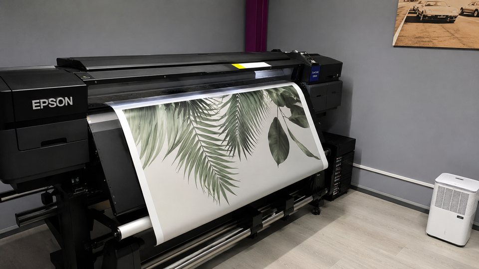 Epson large-format printer producing botanical graphics at JUST GRAPHICS Dubai