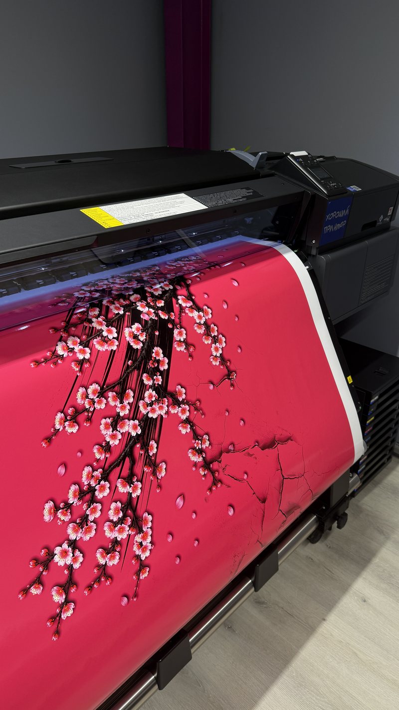 Pink botanical Toyota Supra wrap output on the Epson at JUST GRAPHICS Dubai