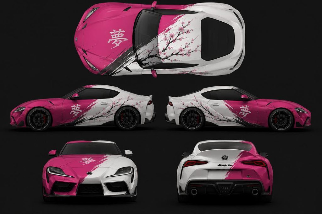 Toyota Supra pink and white cherry blossom wrap design-development views