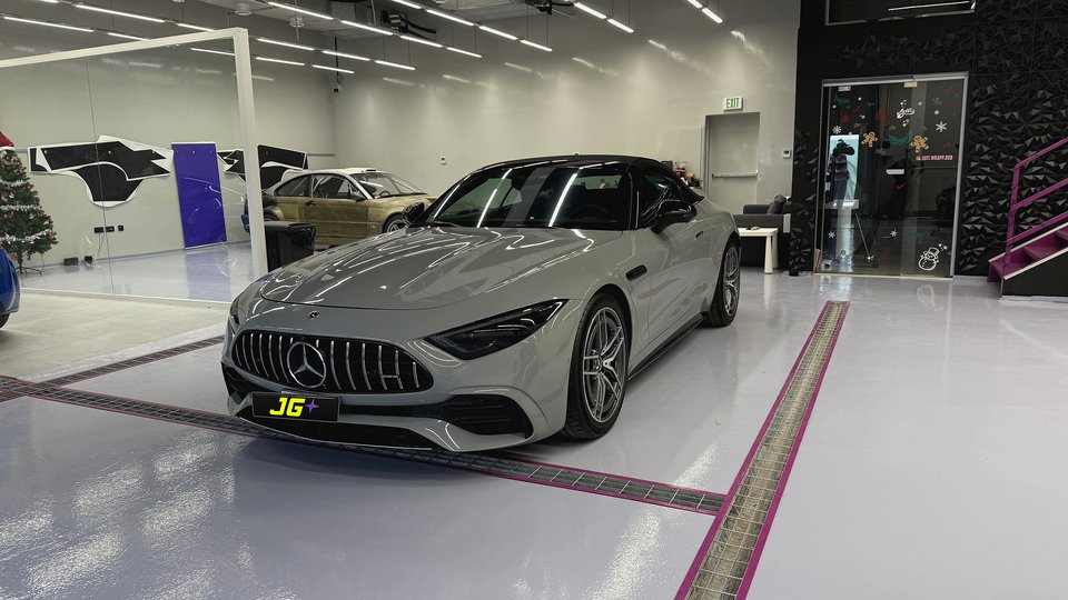 Grey Mercedes after paint protection film work at the JUST GRAPHICS Dubai workshop