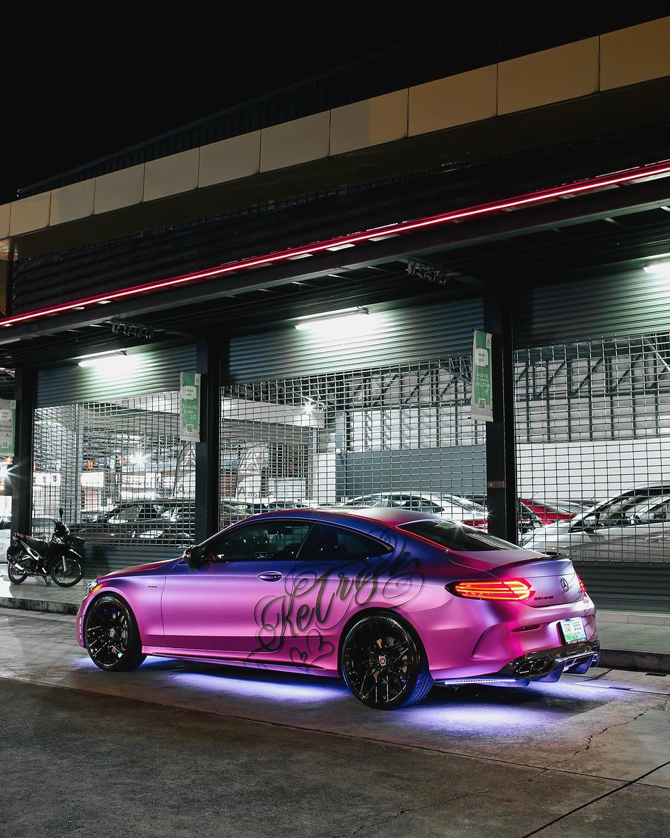 Pink and purple Mercedes color change photographed in Dubai